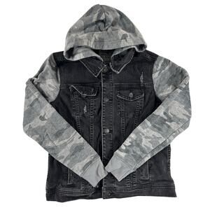 Abercrombie Kids Boys Black Denim Jacket with Gray Camo Sleeves - Size 13/14 XL